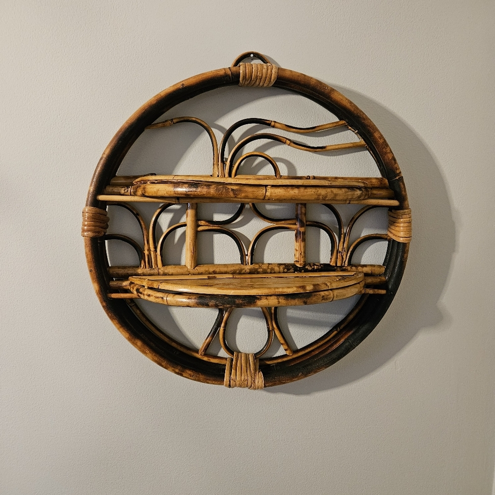 Vintage Tortoiseshell Bamboo Burnt Rattan Round Boho Folding Wall Shelf 70s 80s